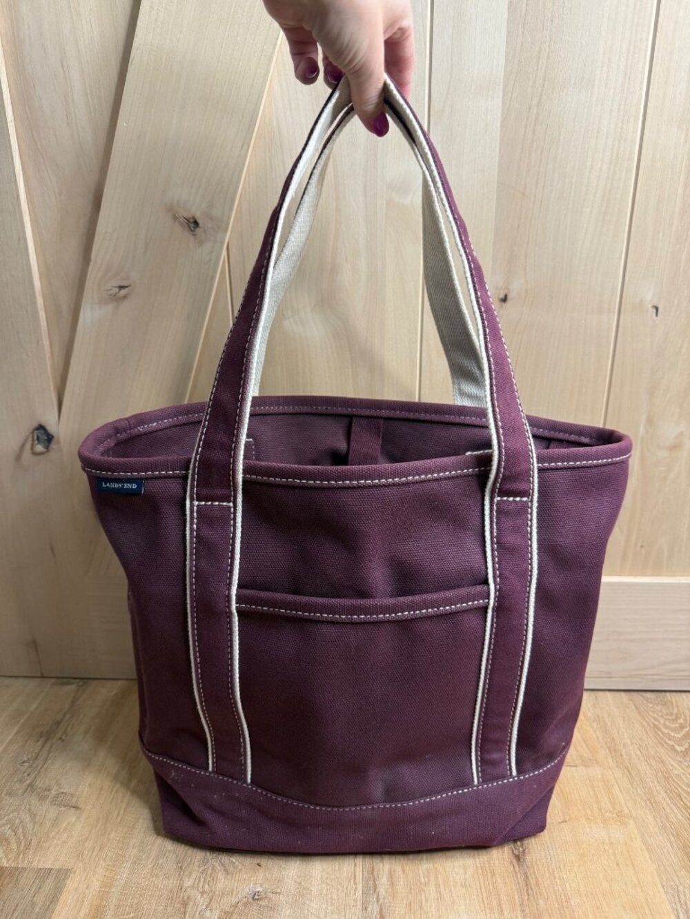 Lands End Canvas Tote Bag Maroon Medium Heavy-Duty Open Top Design 16"